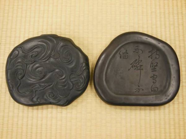 唐物 雲龍 松鶴漢詩文 古硯 二点 検:書道具 唐物 雲龍 松鶴漢詩文 古硯 二点 検:書道具
