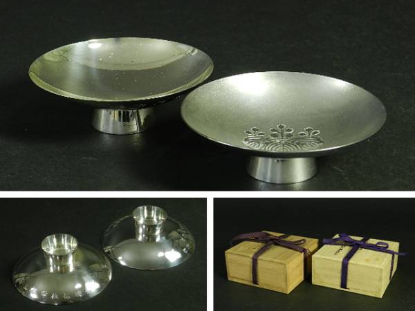 純銀　銀盃　刻印あり　まとめて136g C15077 銀盃(銀杯)「純銀」刻印 2個(各桐箱)装136g 銀盃(銀杯)「純銀