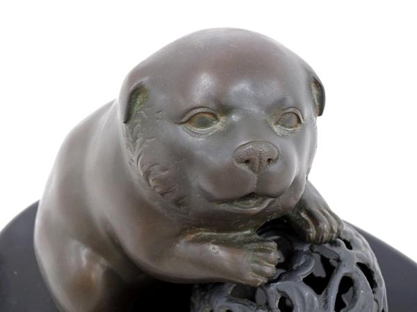 犬の置物 銘有り 芳山 ブロンズ 像 子犬 アンティーク 11静95