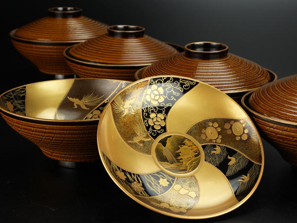 琴》茶懐石道具 糸目極上蒔絵煮物椀五客 箱付 美品 TAJ536 工芸品