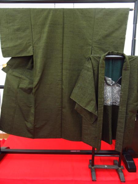 正絹 男物 紬アンサンブル 緑系 ひげ紬「キモノオフ」[$][ki]