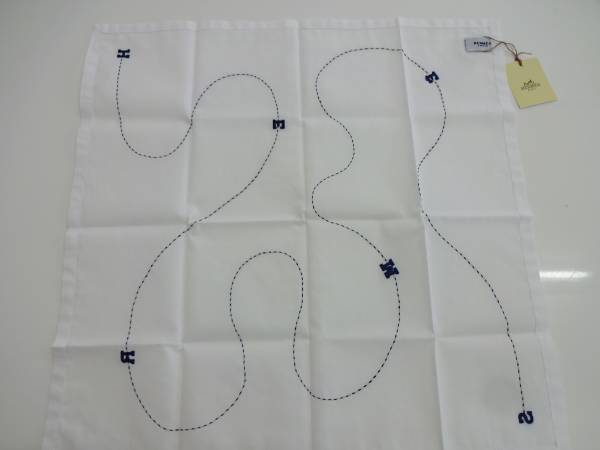 1円　エルメス　未使用タグ付き　ハンカチ　紺Hロゴ