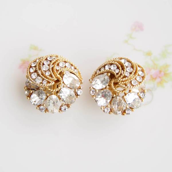 ヴィンテージトリファリゴールドトーンラインストーンイヤリング