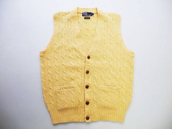 ■POLOラルフローレンVネックケーブルニットベスト黄色(M)男性
