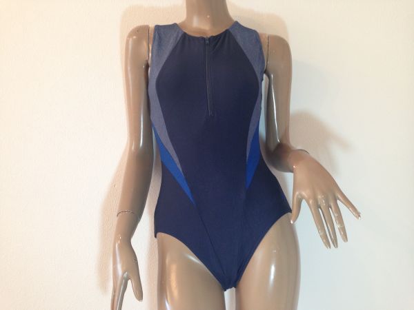 女子競泳水着11Lサイズ光沢濃紺 青デニム風フロントジップ男性も
