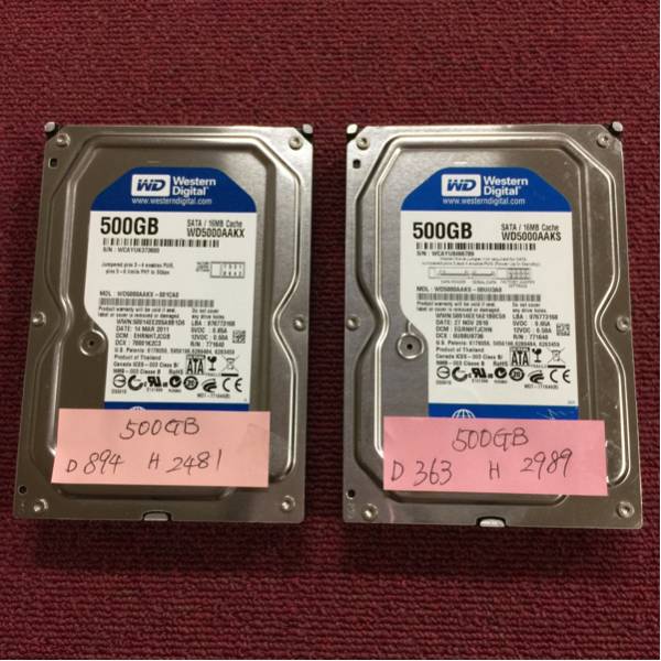SATA WD 3.5インチHDD 500GBx2台 計1TB 正常 使用時間少