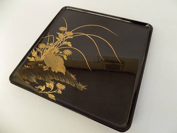 加賀蒔絵 　盃台細密　山水文一対 茶道具　懐石　梨地　共箱 黒漆 鶉文 金蒔絵 梨地 懐石膳 十膳 共箱 煎茶道具 茶懐石道具 CM482