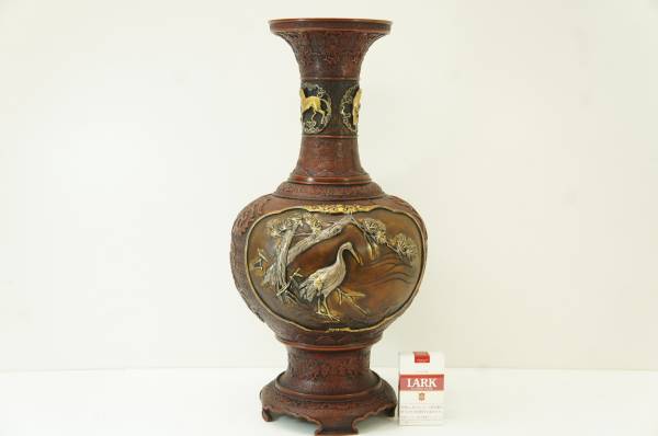 旭峰作 花器 銅製 金 銀 象嵌 高さ51cm 名品 壷 花道 D50