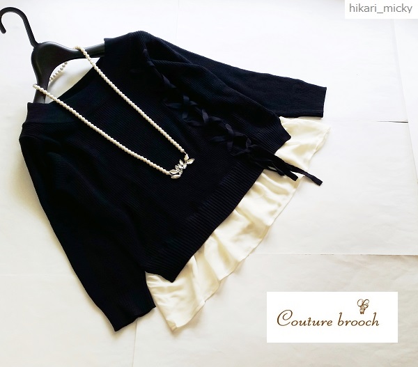 新品!クチュールブローチ♪レースアップリボン裾シフォンニットM