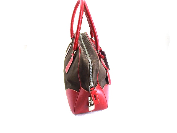 1円 プラダ キャンバス×レザー ハンドバッグ 茶×赤×銀色BA200