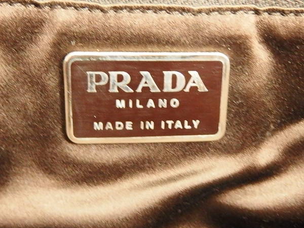 1円 プラダ キャンバス×レザー ハンドバッグ 茶×赤×銀色BA200