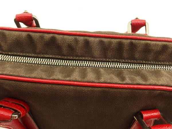1円 プラダ キャンバス×レザー ハンドバッグ 茶×赤×銀色BA200