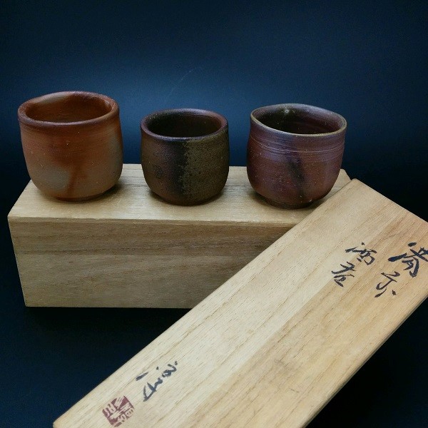 人間国宝/伊勢崎淳 備前 酒呑 ぐい呑み 酒器揃 窯変緋襷 共箱