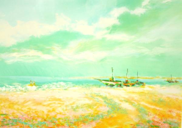 マヌキアン『海辺の花畑』◇リトグラフ◇直筆サイン有◇人気フランス