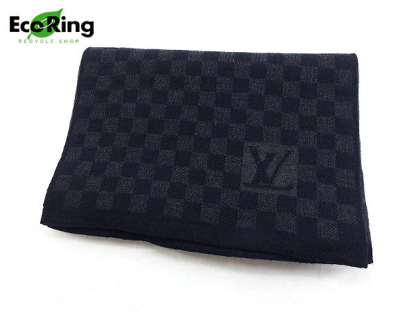 1円 美品 ヴィトン ダミエ ウール100％ マフラー ノワール BD881