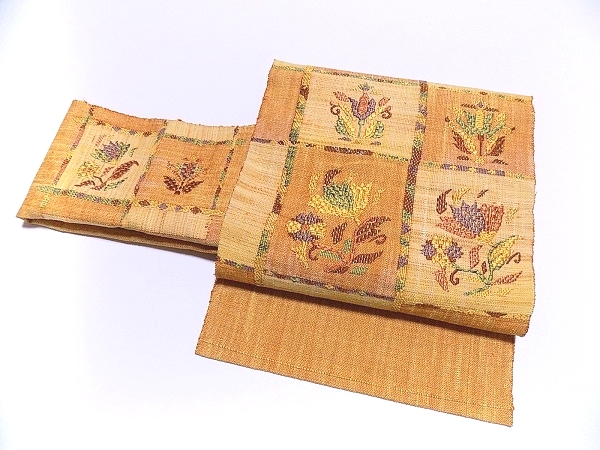 【風椿】正絹からし色 お洒落で可愛い洋花柄 八寸名古屋帯 美品