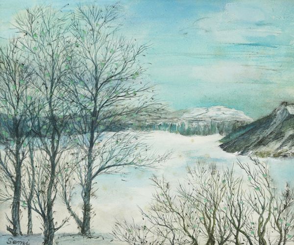 610349x5 寺前青美 九谷美陶園 日本画8号「冬の湖」証明シール