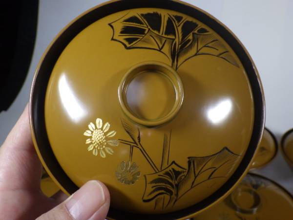 扇子形紫蘇花沈金吸い物椀10客天然木本漆塗共箱未使用品昭和初期