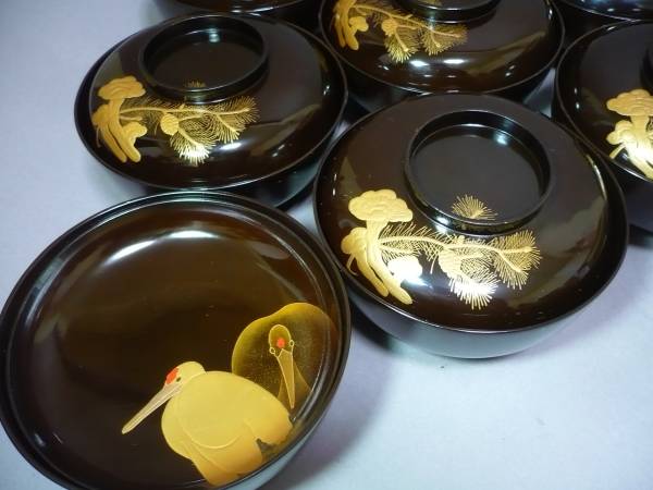 ☆茶道具 茶懐石／ 輪島塗黒塗 霊芝若松金蒔絵 平椀13客／煮物椀