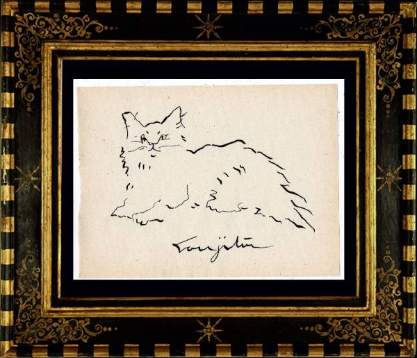 藤田嗣治レオナール.フジタ(猫)(A)★希少作品★(インクペン)肉筆