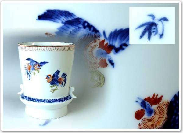 11Y6 ☆彩☆オールド香蘭社 色絵闘鶏図広口双耳花瓶 良作!!☆