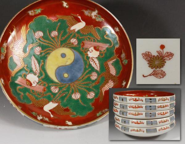 【源・e】《時代保証》《江戸後期》献上伊万里 色絵深皿 五客/箱