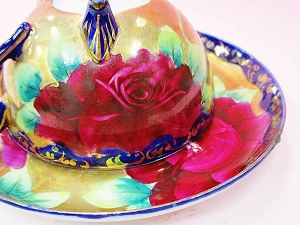 ☆オールドニッポン 色絵金彩コバルト薔薇文カップ＆ソーサー