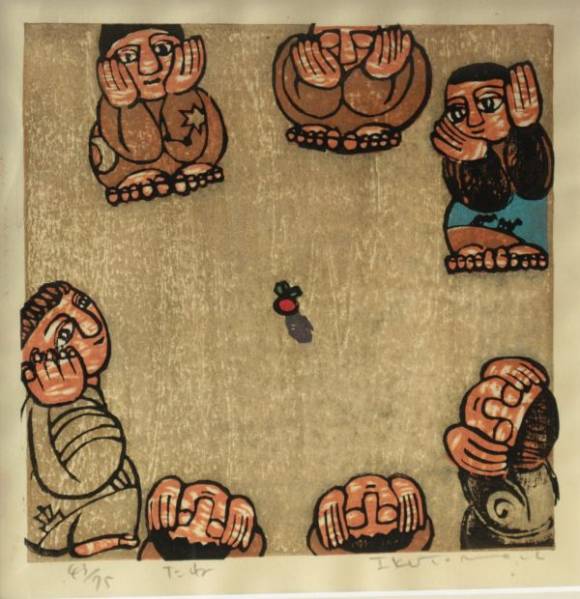 木版画 黒木郁朝 「たね」 黒木郁朝たねまき木版画 チークフレーム 25