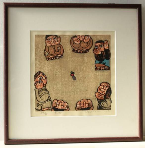 木版画 黒木郁朝 「たね」 黒木郁朝たねまき木版画 チークフレーム 25