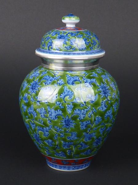 都屋】館林源右衛門 「緑彩唐草茶壷」 本錫口 煎茶道具