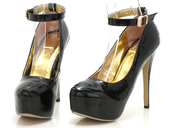 新品 大きいサイズ ストラップパンプス ブラック 27.5 901212-45 ハイヒール エナメル調 アンクルストラップ