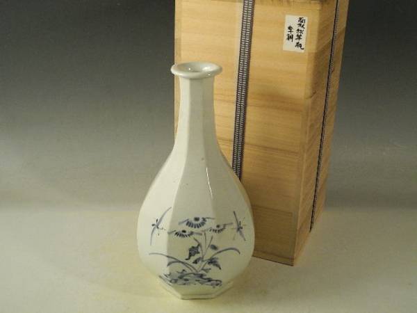 ◇伯◇時代 李朝 古染付 花蝶 面取 花入 古陶磁 桐箱 a1380 古美術