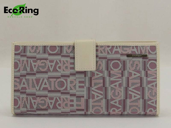 1円 超美品 フェラガモ ロゴ柄 キャンバス×レザー 長財布 BV306