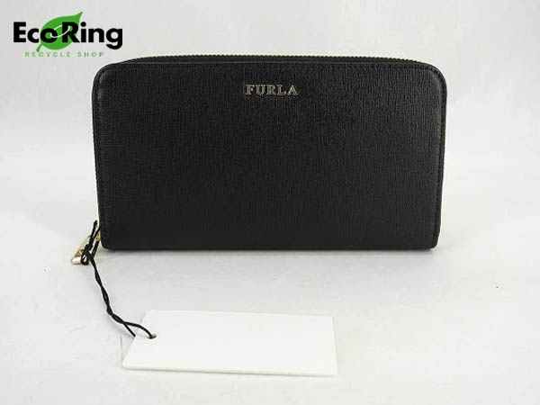 1円 未使用 フルラ ラウンドファスナー レザー 長財布 黒 CA939
