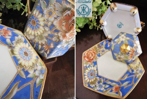 オールドノリタケ金線盛上装飾 芍薬・菊花・勿忘草 亀甲　蓋物