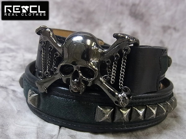 Roen スカルバックルスタッズラインデストロイレザーベルト