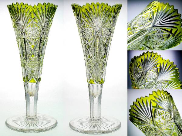 アンティーク　バカラ・黄碧硝子被切子大飾壷