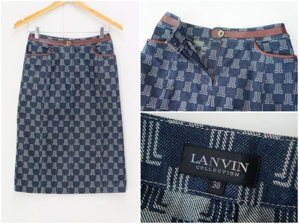 G3535*ランバン/LANVIN*モノグラム柄*レザートリミング*タイト/デニムスカート*38