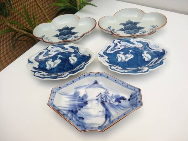 ★有田焼/伊万里/染付舟形皿/変形更/五枚まとめて/金魚 鷺 山水★