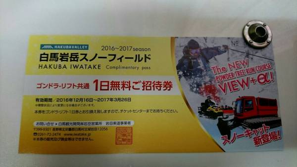 ≪白馬岩岳スノーフィールド ゴンドラ リフト 共通 1日券 引換券 2枚 