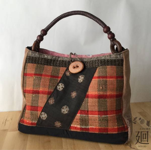 ハンドメイド】裂織 酒袋 大島紬のパッチワーク肩掛けバッグ【古布