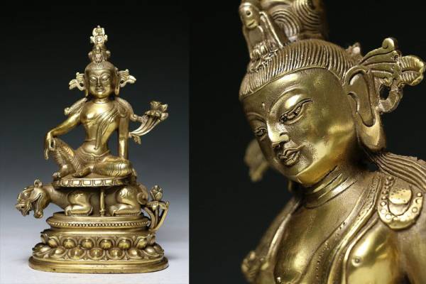 チベット入手 唐銅文殊菩薩像 時代物 高20cm BT06F18A 工芸品 金属工芸