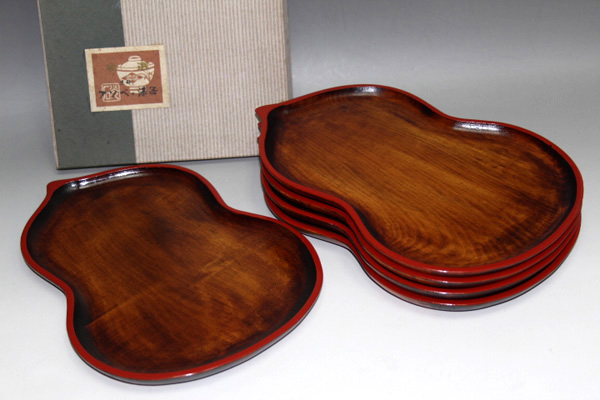 ■京漆器 あそべ 瓢形 縁朱塗 銘々皿五客 漆器■