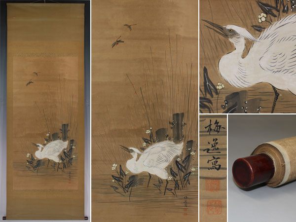 掛軸 山本梅逸 花鳥図 白鷺 紙本 模写《上野雪岳》 真作□山本梅逸