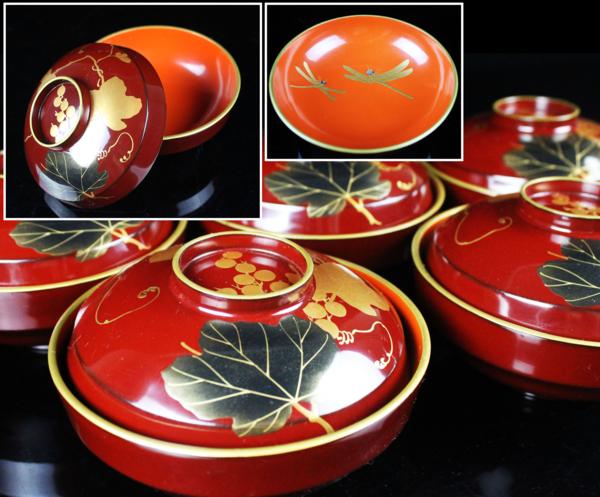 BK408　時代輪島塗　稲穂雀図金蒔絵　吸物椀　二客　木製　茶道具 懐石 会席 BK408 時代輪島塗 稲穂雀図金蒔絵 吸物椀 二客 木製 茶道具 懐石 会席
