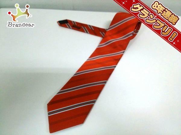 エルメス ネクタイ メンズ 美品 オレンジ×ブルーグリーン×白