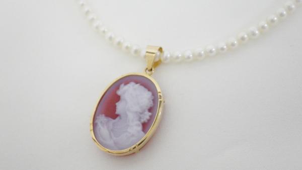 未使用Hans-Peter Muller作 レッドメノウK18WG カメオ&パールK18ネックレス