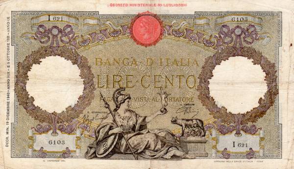 イタリア　1940年　100リラ　紙幣　6103
