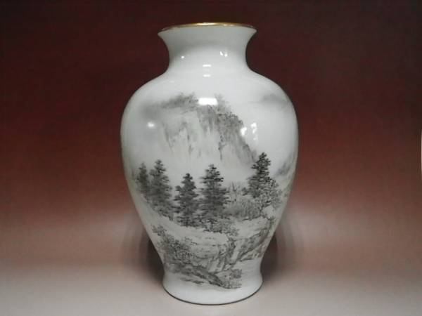 深川製磁 35.5㎝大型花瓶 在銘 山水図 花入 花器 フラワーベース