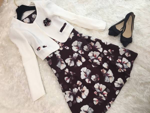 2017大人可愛い花柄ワンピース＋ジャケット2点セットLボルドー